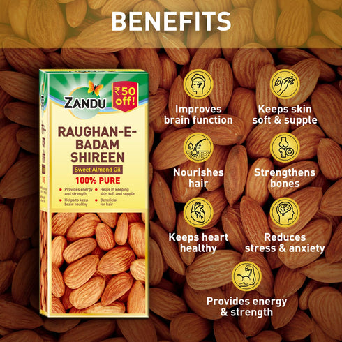 Zandu 3.38 Oz 100 ML Roghan Badam Shirin | Pure Sweet Almond Oil for Skin & Hair | Cold-Pressed, Non-Greasy