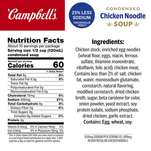 25% 10.75 oz (24 Pack) Campbells Condensed Less Sodium Chicken Noodle Soup, Can