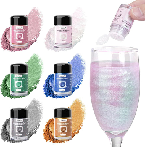 CRPTHE 6 Colors Edible Luster Dust Set, Food Grade Glitter for Baking, Drinks, Cakes, Vegan (5g/Bottle)