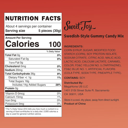 SweetJoy Gummy 16oz (4 4oz), Pack Swedish-Style Candy Mix, Non-GMO, Gelatin-Free, and Pineapple, Cola, Soda Flavored