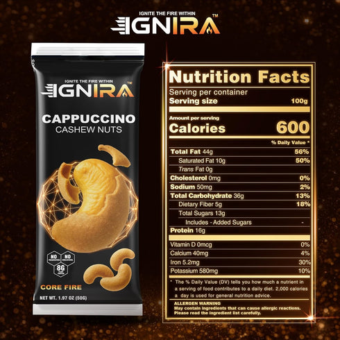 Pack 1 (1.76 oz) IGNIRA Cappuccino Cashew Nuts Roasted Cashew Nuts with Cappuccino Flavor, Coffee-Flavored, Crunchy
