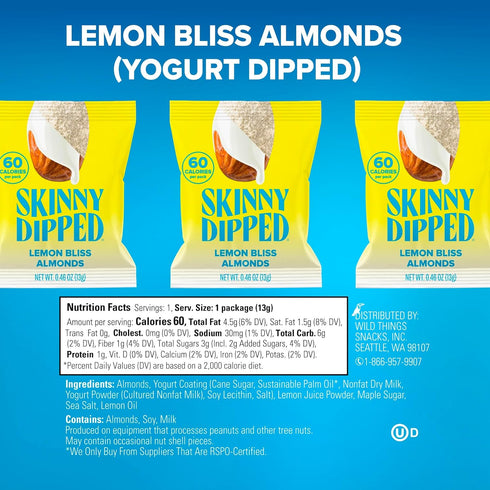 Packs, 24 Count SkinnyDipped Lemon Bliss Almonds, Mini Snack Chocolate Covered Almonds, Low Sugar, Gluten Free, Healthy