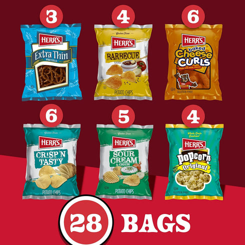 Pack, 26oz (28 Herrs Snacks Variety Potato Chips, Pretzels, Popcorn, Cheese Curls, Box Bags)