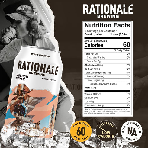 6 Pack 12oz Rationale Brewing Non Alcoholic Beer, Kolsch Style, Craft NA Beer, Low Calorie Zero-Alcohol Alternative