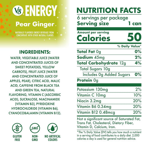 V8 8 oz (24 Pack) Energy Pear Ginger Energy Drink, fl Can