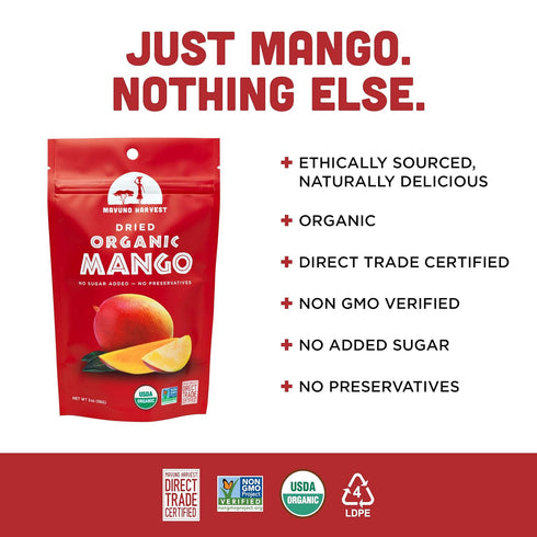Mavuno Harvest Organic Dried Mango Snacks - Unsweetened, Gluten Free, Vegan, Non-GMO, 2 Ounce, Pack of 3