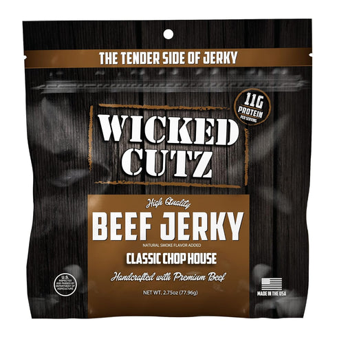 33g (2 Wicked Cutz Classic Chop House Beef Jerky, Protein Per Bag, Tender & Easy to Chew Alternative to Beef Sticks