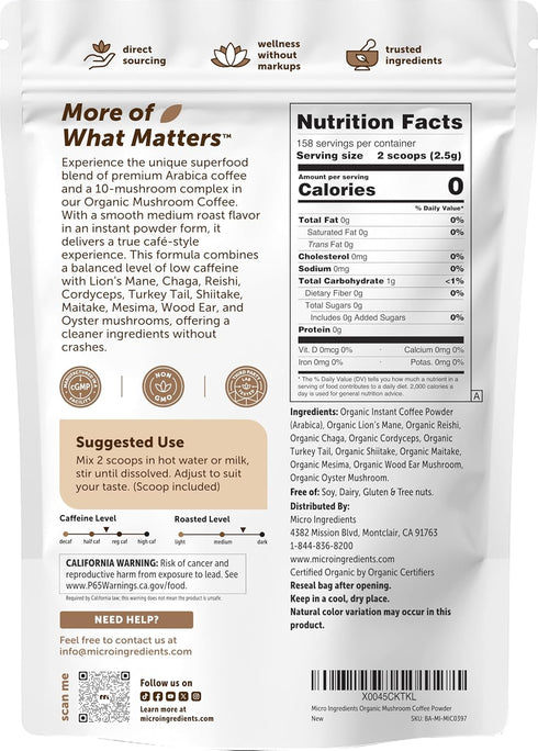 14 oz 10-Mushroom Organic Instant Mushroom Coffee, | Medium Roast Arabica | Blend with Lions Mane, Reishi, Chaga