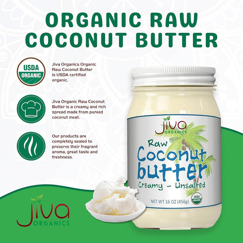 16 Jiva Organics RAW Organic Coconut Butter Ounce Jar - Creamy, Unsalted