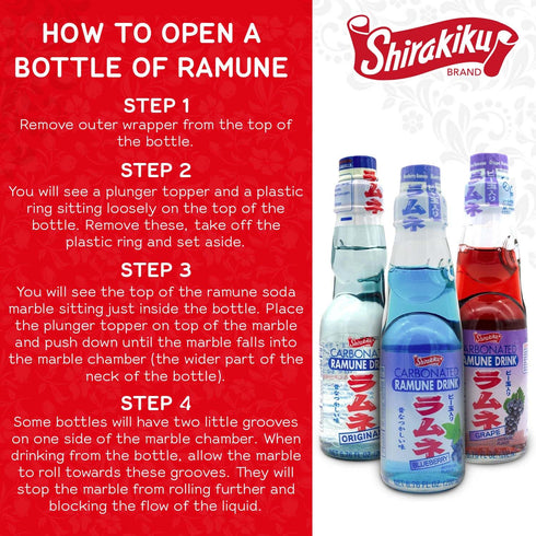 pack, 6 Count, 6.76 Oz Shirakiku Ramune Variety Fl Glass Bottles, Japanese Carbonated Soft Drink