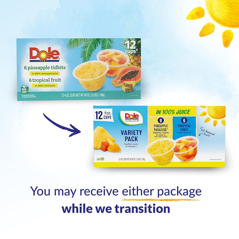 100% 4 oz 12 Count (Pack 2) Dole Pineapple Tidbits and Tropical Fruit in Juice - Dole Fruit Bowls Snacks - Bowls