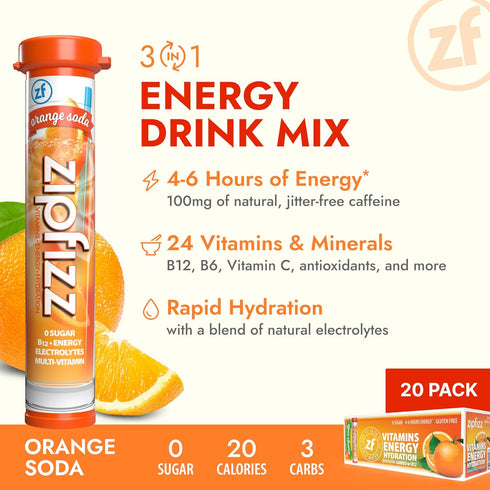20 Pack 3-in-1 B-12 Zipfizz Daily Energy Drink Powder, Orange Soda, | Sustained Energy, Rapid Hydration, and Essential