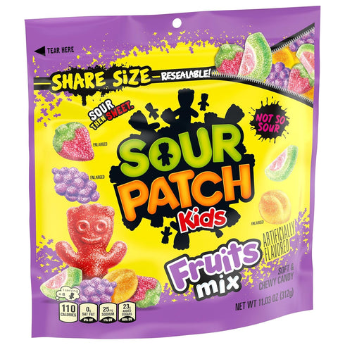Gummy 11.03 oz SOUR PATCH KIDS Fruits Mix Soft & Chewy Candy, Share Size