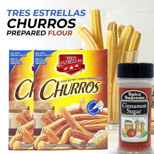 3 Tres Estrellas Churros Mix with Spice Supreme Cinnamon Sugar, Pc. Bundle, Authentic Mexican Batter Powder for Crunchy
