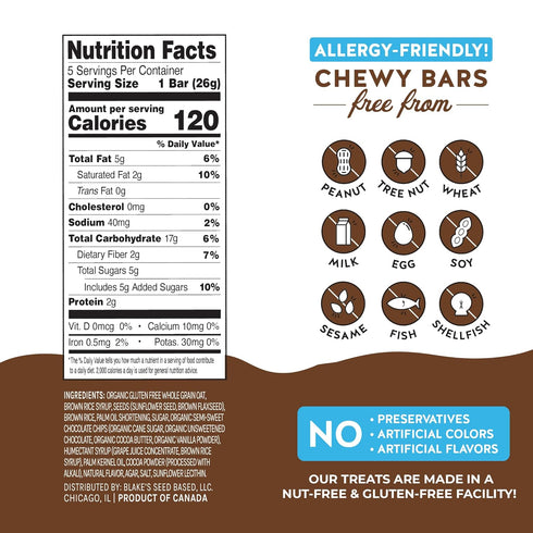 (5 Count), Blakes Seed Based Chewy Granola Bars Chocolate Chip Vegan, Gluten Free, Nut Free & Dairy Free, Healthy