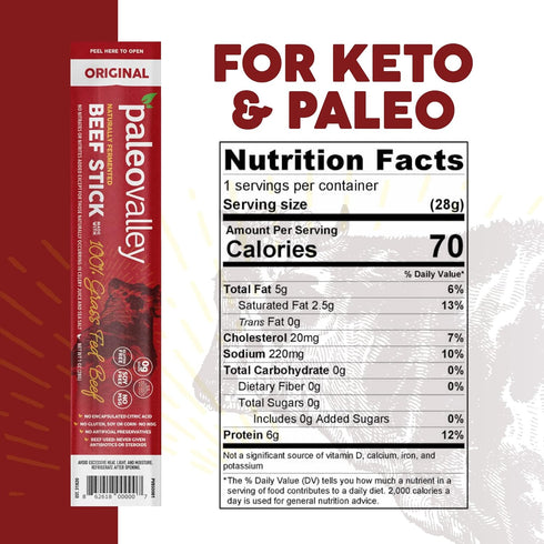 100% Paleovalley Grass Fed Original Beef Sticks - Delicious Gluten Free Beef Snack - High Protein Keto Friendly