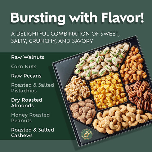 7 Assorted Nuts Gift Basket - Nut Gift Box with Walnuts, Cashews, Corn Nuts, Honey Roasted Peanuts, Pistachios, Pecans