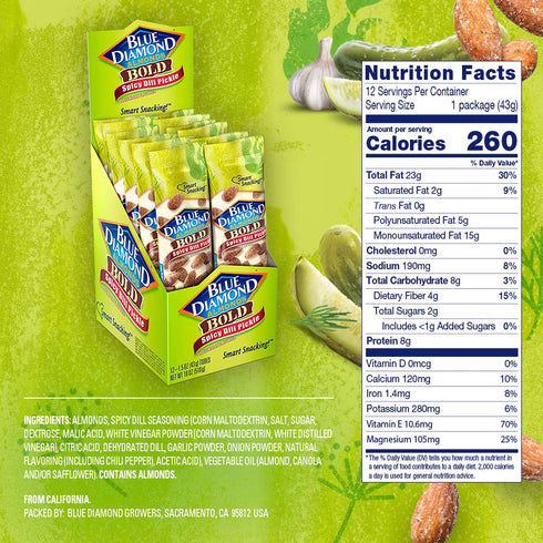 (1.5 Oz. Pack 12) Blue Diamond Almonds, Bold Spicy Dill Pickle Flavored Snack Nuts, Single Serve Bags Tubes