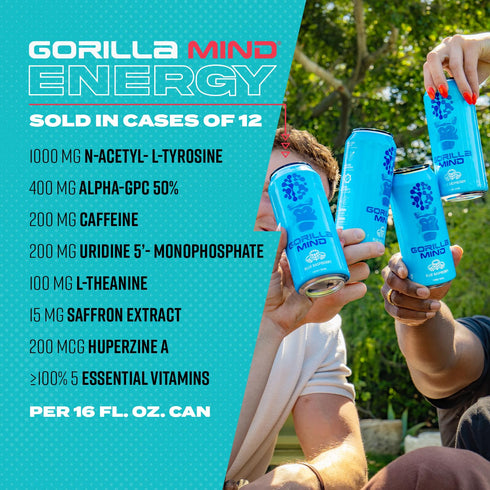 200mg 0 16oz, 12-Pack Gorilla Mind Energy Drink | Unmatched Energy Amplified Focus | N-Acetyl-L-Tyrosine, Alpha-GPC