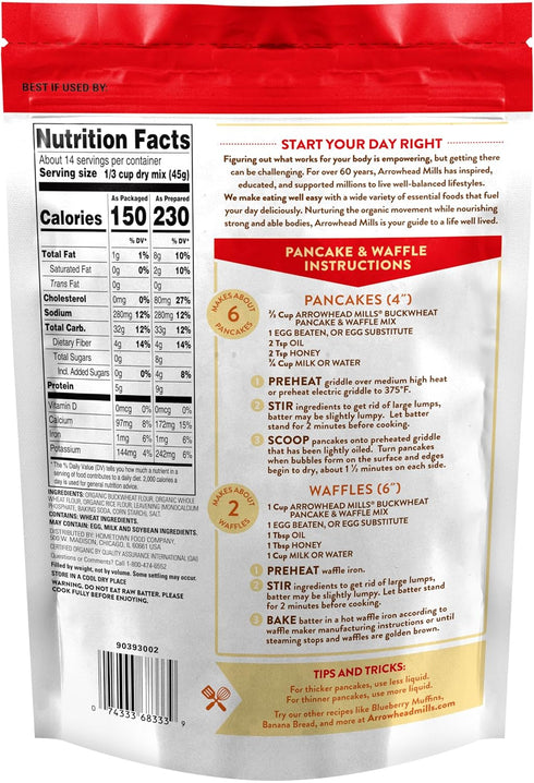 22 oz Arrowhead Mills Organic Buckwheat Pancake & Waffle Mix, Bag