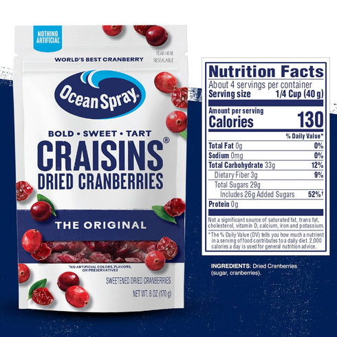 6 Oz Ocean Spray Craisins Original Dried Cranberries, Dried Fruit, Pouch