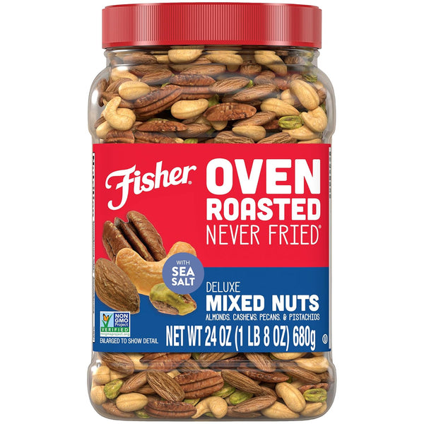 Fisher Oven Roasted Never Fried Deluxe Mixed Nuts, 24 Ounces (Pack of 1) - Almonds, Cashews, Pecans, Pistachios