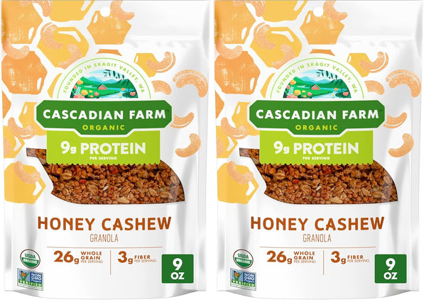 Cascadian Farm Organic Honey Cashew Granola, Protein Granola, Non-GMO, 9 oz Resealable