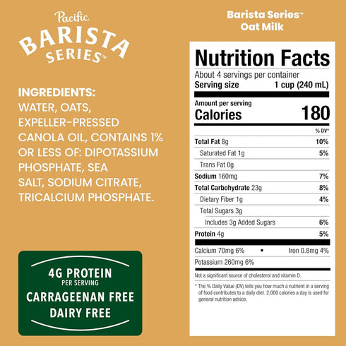 32 oz Pacific Foods Barista Series Original Oat Milk, Plant Based Milk, Carton