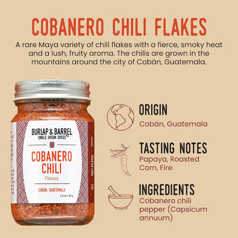 Burlap & Barrel Cobanero Chili Flakes - As Seen on Shark Tank! Smoky Heat, Fruity, Peachy Aroma - Red Powder Flakes for Spicy Dishes, Chili Powder Seasoning - 1.5oz Glass Jar