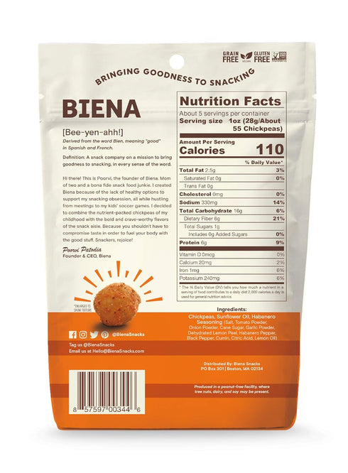5 BIENA Non-GMO Chickpea Snacks, Habanero, Ounce