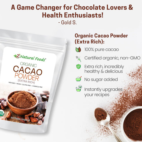 1 lb Z Natural Foods Organic Cacao Powder - Unsweetened Nutrient-Dense Superfood for Healthy Aging - Extra-Rich Dark