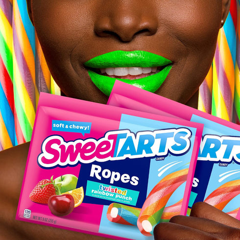 9 oz (Pack 3) SweeTARTS Ropes, Candy, Twisted Rainbow Punch, Soft and Chewy