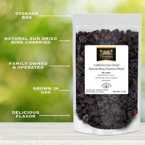Packed (2 lbs) Traina Home Grown California Sun Dried Natural Pitted Cherries - Healthy, Natural, No Added Sugar, Non