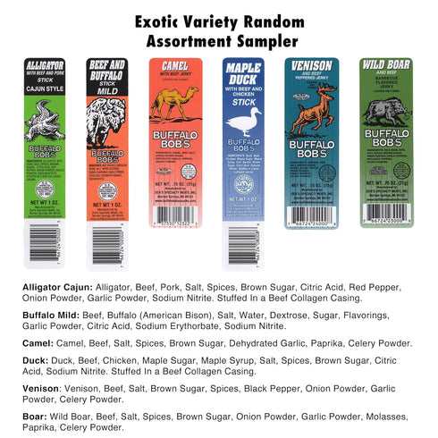 (6 Pack) Set Pack Buffalo Bob's Wild Game Meat Snacks | Exotic Snack Sampler Box | Gift Baskets for Men | Beef Jerky