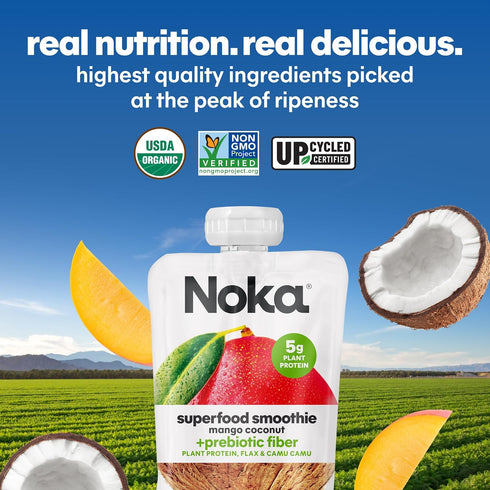 4.22 oz, 12 Count Noka Superfood Fruit Smoothie Pouches, Mango Coconut, Healthy Snacks with Flax Seed, Plant Protein