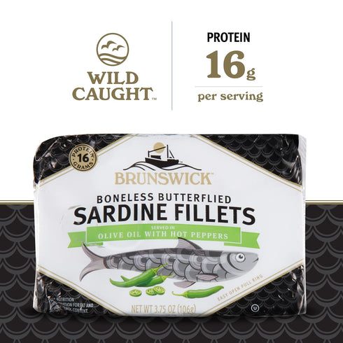 3.75 oz (Pack 12) 16g Brunswick Sardines in Olive Oil with Hot Peppers, Can of - Boneless Butterflied Sardine Fillets