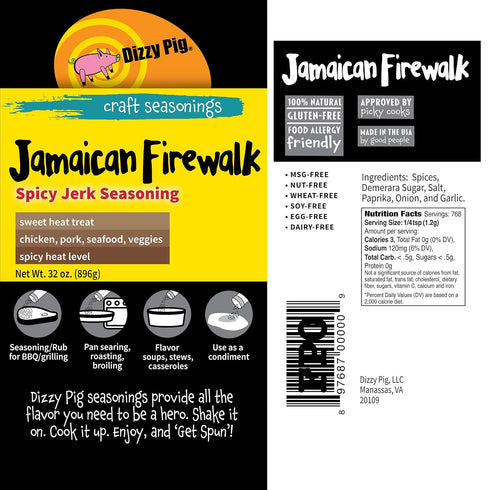 120lbs Dizzy Pig Jamaican Firewalk Spicy Jerk Seasoning Rub (Quart Shaker) - Seasons Around of Food - Hand Made in the