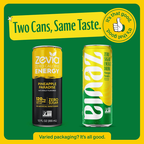 Paradise,12 oz Verified,Gluten-Free,Vegan,(Pack 24) Zevia Zero Sugar Energy Drink,Pineapple Cans Naturally