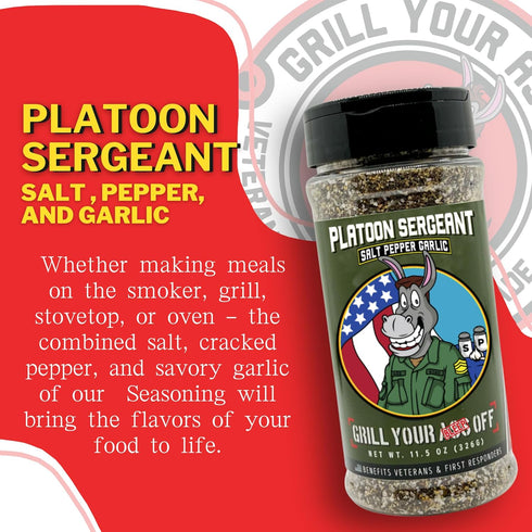 Platoon Sergeant Garlic Salt Pepper by Grill Your As Off - BBQ Seasoning for Beef, Pork, Chicken - 11.5oz