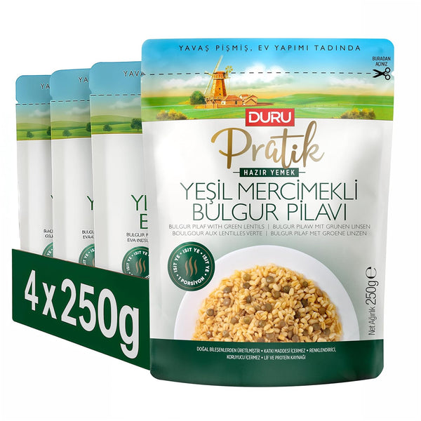 Duru Ready Bulgur Pilaf with Green Lentils, 250g x 4 Pack Heat