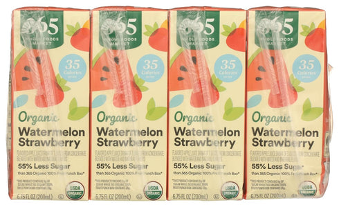 365 8 Pack, 6.75 Oz by Whole Foods Market, Organic Reduced Sugar Watermelon Strawberry Juice Box, Fl