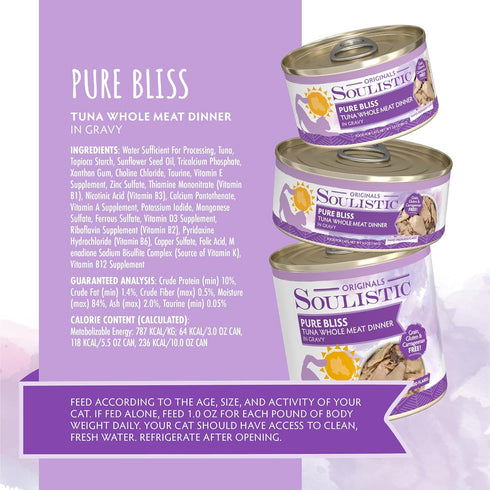 5.5oz Pack 8 Soulistic Originals, Pure Bliss Tuna Whole Meat Dinner in Gravy, Can