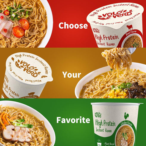 (32g) 6 Packs VOLO VERO High Protein Instant Ramen Soup Cup Variety Flavor (Chicken, Spicy Beef, Pork Tonkotsu)