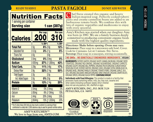 13.65 (Pack 12) Amy's Organic Classic Italian Pasta Fagioli Soup, Dairy Free, Non GMO, Ounces