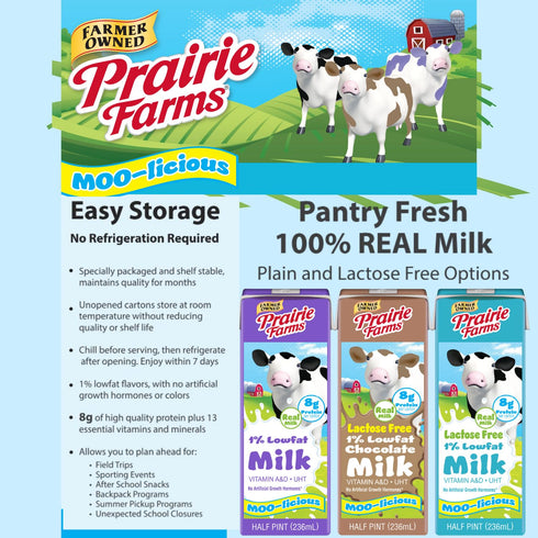 Prairie Farms Dairy 1% 8oz. (27 Pack) Prairie Farms Lactose Free Milk, Shelf Stable Low Fat Milk Boxes Vitamin D