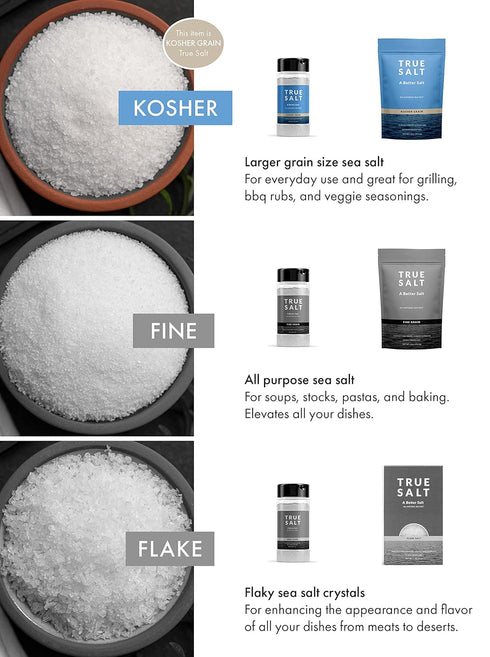 10.5 oz True Salt Kosher Grain Salt - All Natural Gourmet Sea Salt - Perfect for Keto, Grilling, BBQs, Baking, Soups