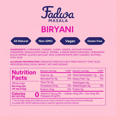 4.5 oz Fadwa Masala Biryani Spice Mix - Jar, Salt & Sugar Free, Non-Spicy Authentic Desi Spices for Pakistani & Indian