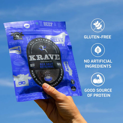 Packed 100% 2.7 KRAVE All Natural Beef Jerky, Sea Salt - Protein Snacks Roasted for Maximum Flavor - Grass Fed Beef