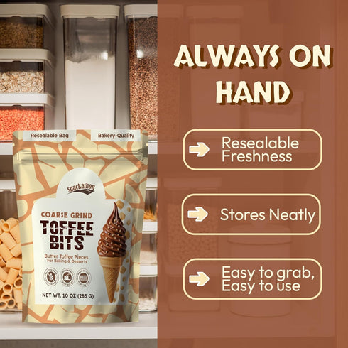 10 OZ Snackathon Toffee Bits, Coarse Grind, Bulk Resealable Bag, Sweet & Crunchy Butter Toffee Pieces for Ice Cream