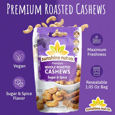 12-Pack, 1.05 oz. Packs Sunshine Nut Company Whole Roasted Lightly Salted Cashews, Sugar and Spice Flavor, Each, Gluten
